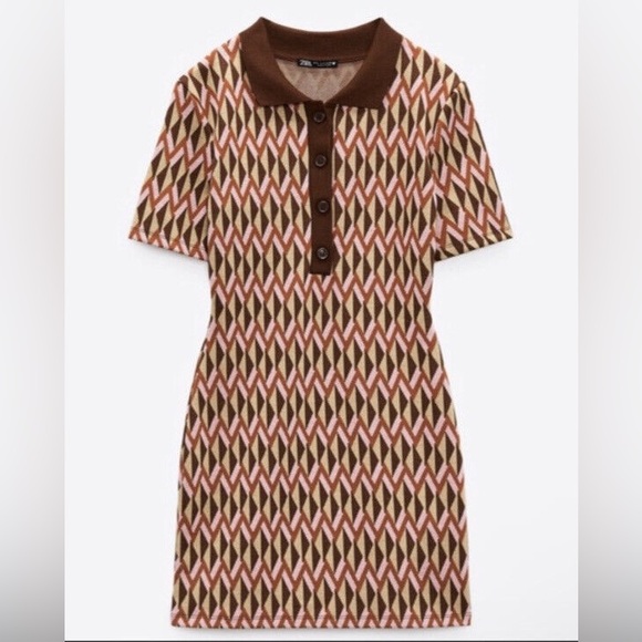 Zara Dresses & Skirts - Zara Patterned Jacquard Brown Argyle Knit Polo Mini Dress-Size Medium-Pink/Brown